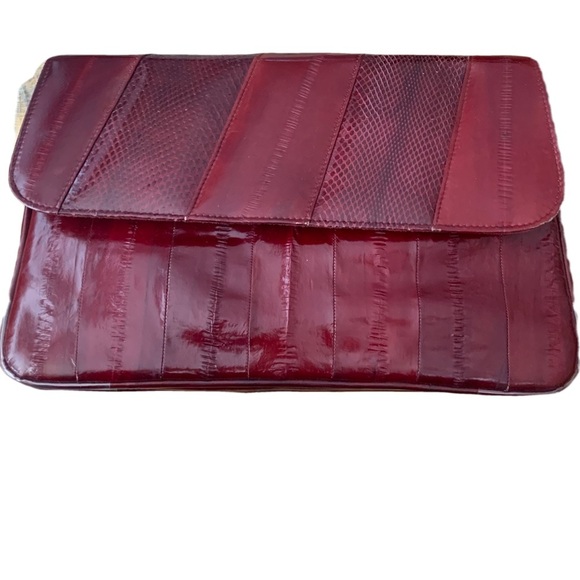 Vintage Genuine Eelskin Red & Burgundy Patchwork Clutch Bag Purse - Picture 1 of 7